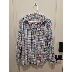 Blue Mountain Plaid Henley Womens XL Pink Blue Roll Tab Sleeve Shirt
